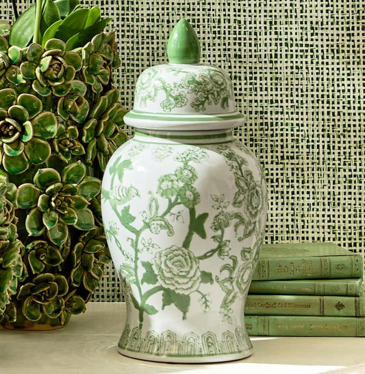 14" Green and White Covered Temple Jar