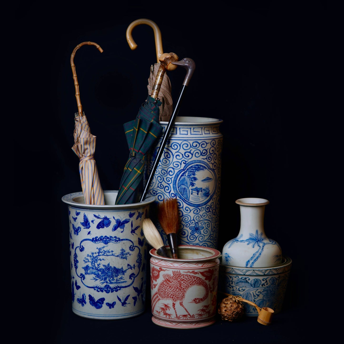 Red and White Peacock Porcelain Cachepot
