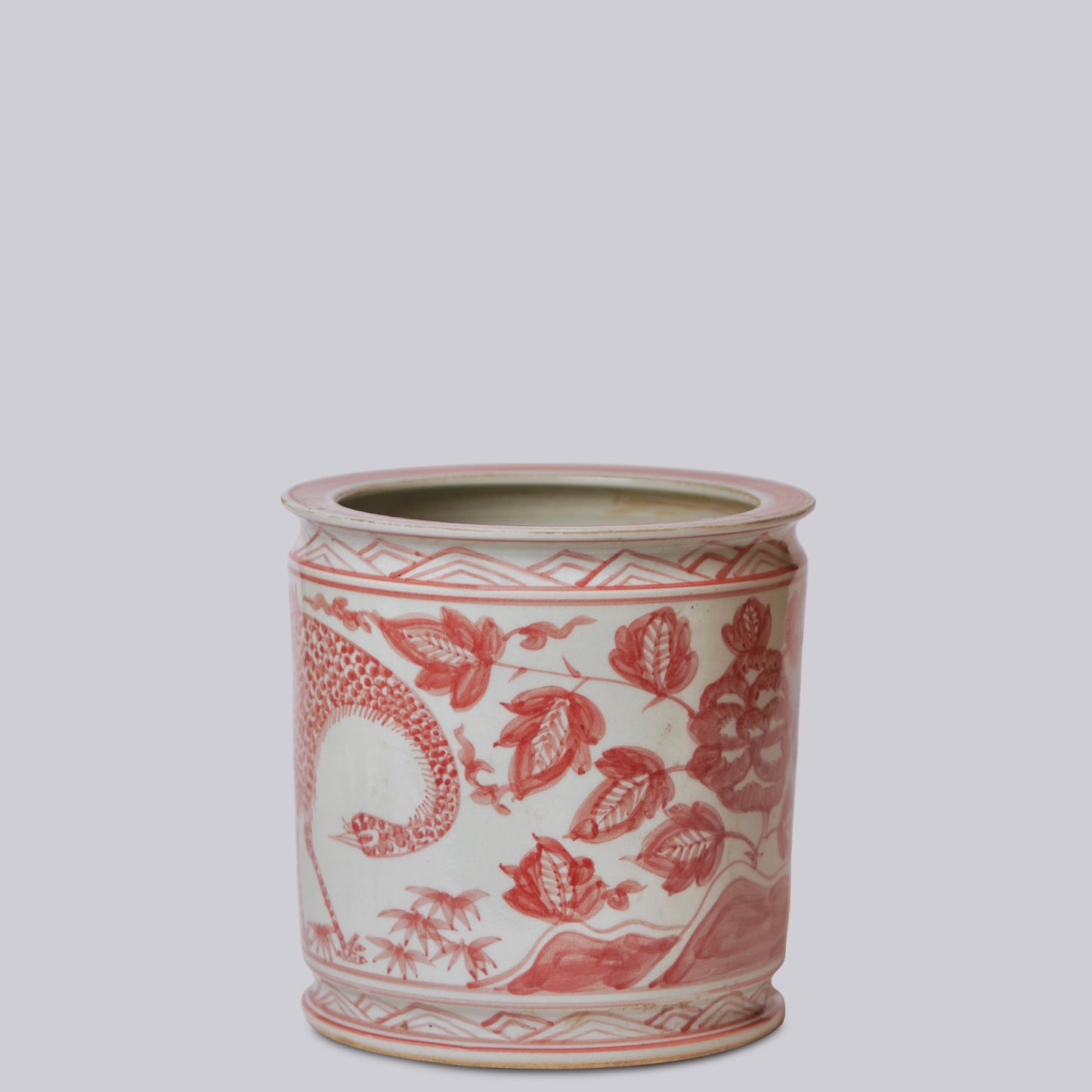 Red and White Peacock Porcelain Cachepot