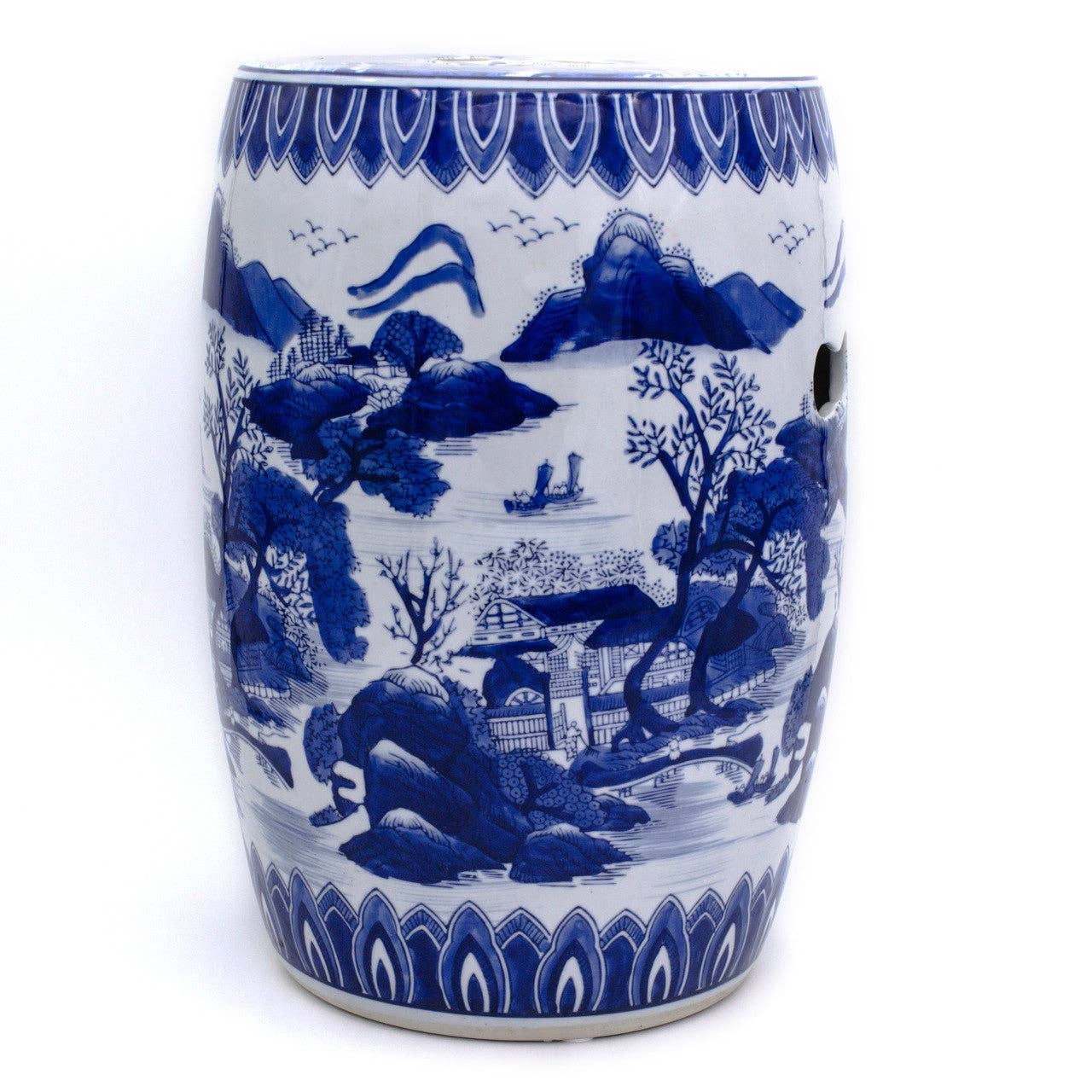 Blue and White Hand Painted Landscape 16'' Height Drum Stool