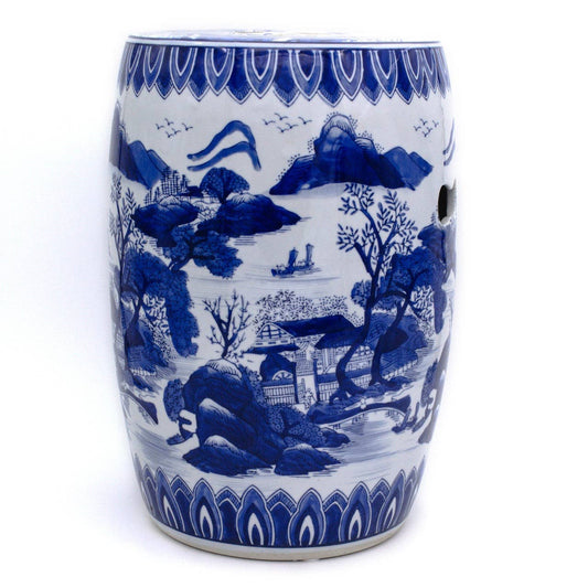 Blue and White Hand Painted Landscape 16'' Height Drum Stool