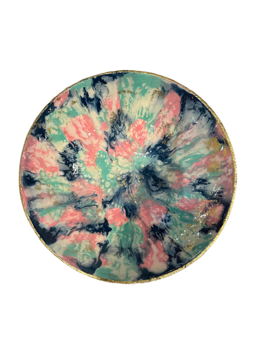 Marble Serving Bowl in blue, pink enameled metal 16"