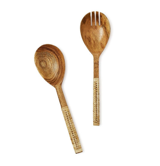 Wood salad servers with wrapped wicker handle in giftbox