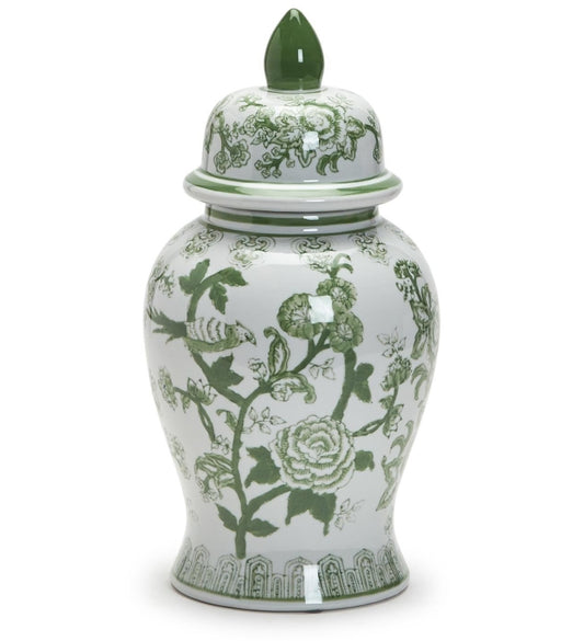 18" Green and White Covered Temple Jar
