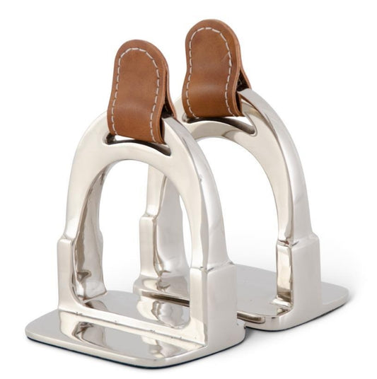 Set of 2 Silver Stirrup w/Brown Leather Strap Bookends