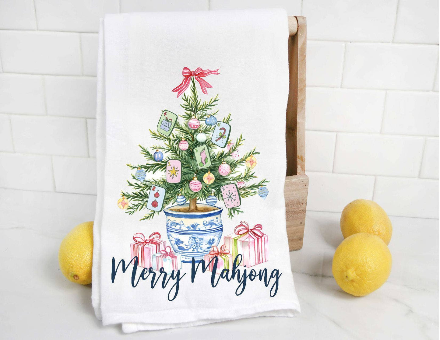 Merry Mahjong Chinoiserie Christmas Tree Tea Towel