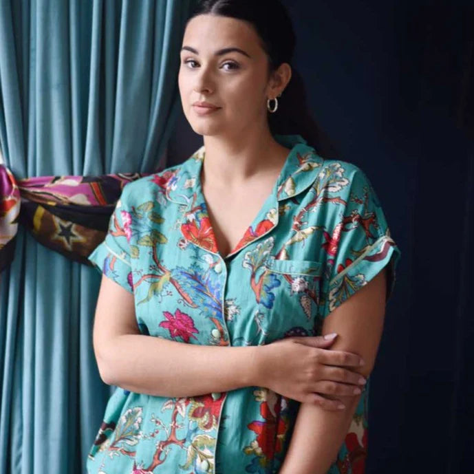 Teal Exotic Flower Short Pajama Set