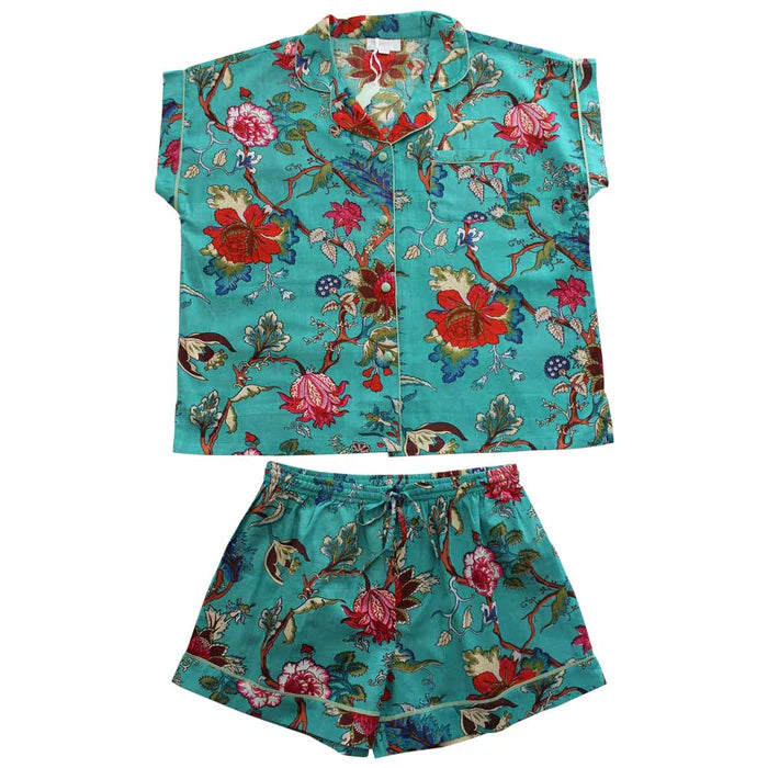 Teal Exotic Flower Short Pajama Set