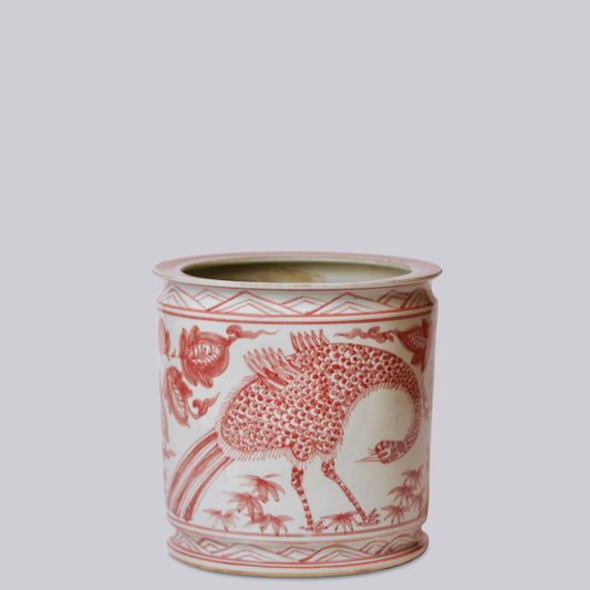 Red and White Peacock Porcelain Cachepot