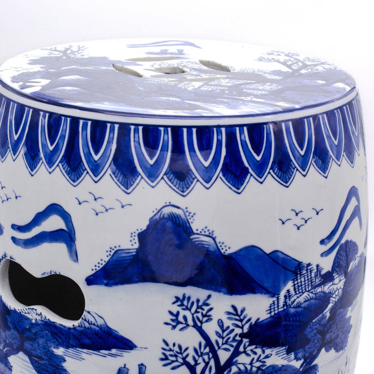 Blue and White Hand Painted Landscape 16'' Height Drum Stool