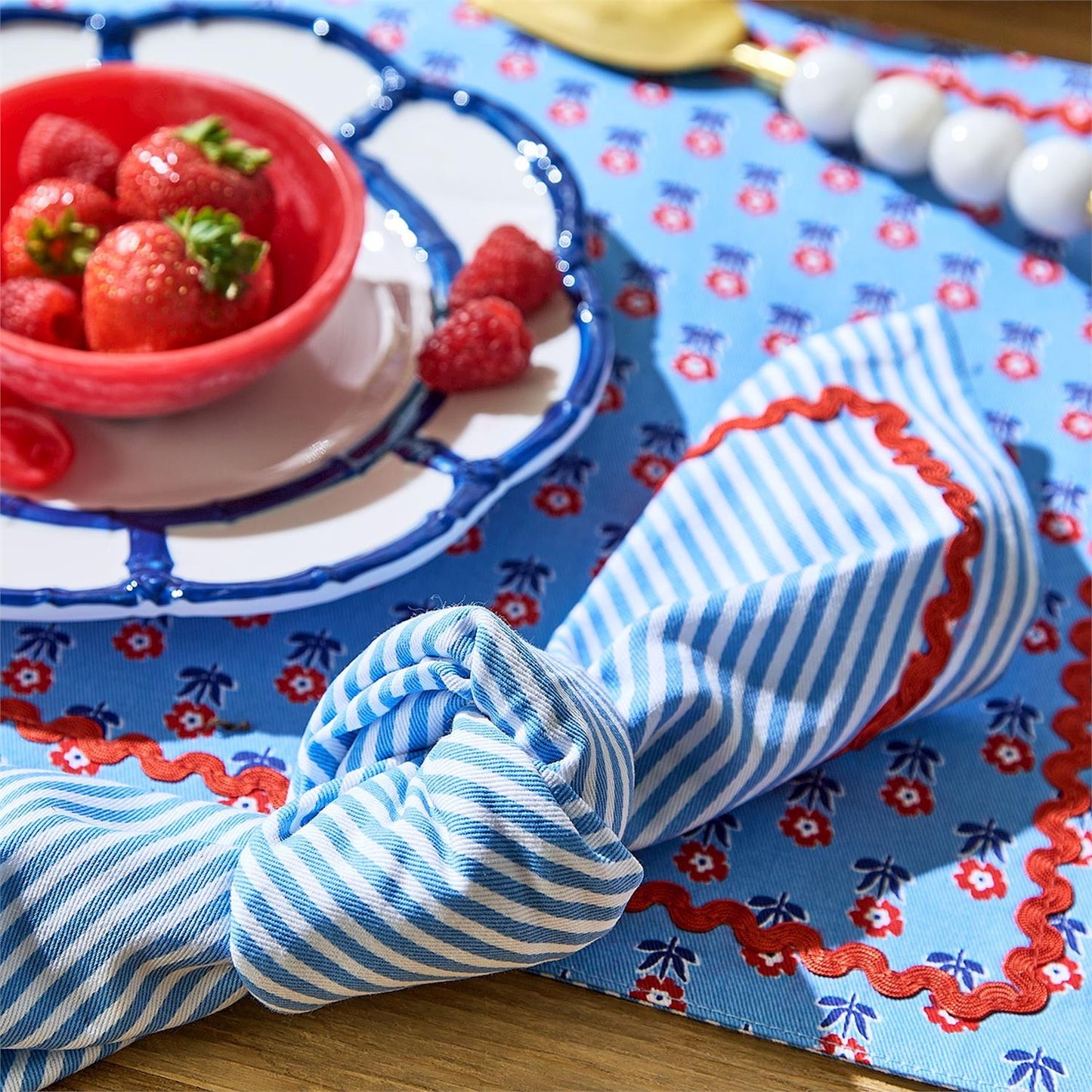 Set of 4 Blue Stripe w/Red Ric Rac Trim Cloth Dinner Napkins - Cotton