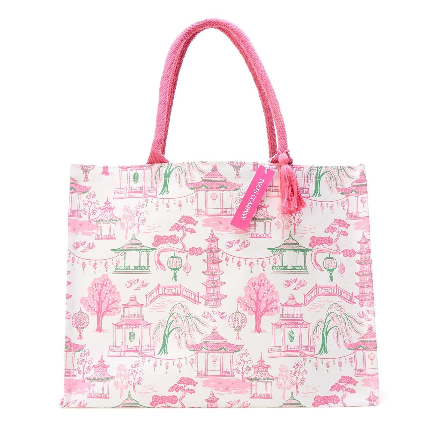Mahjong Block Print Pattern Tote Bag with Inside Zippered Pocket - Cotton Canvas