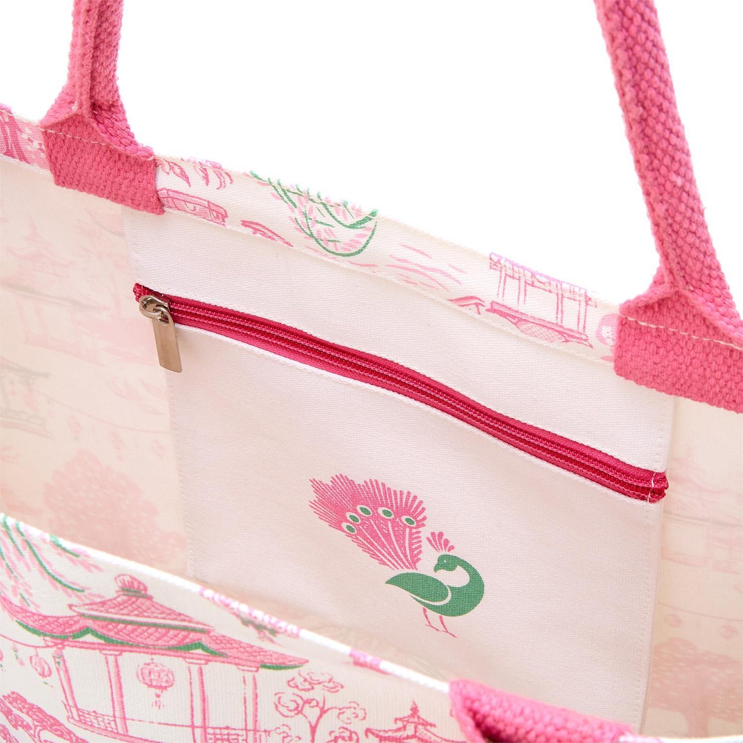 Mahjong Block Print Pattern Tote Bag with Inside Zippered Pocket - Cotton Canvas