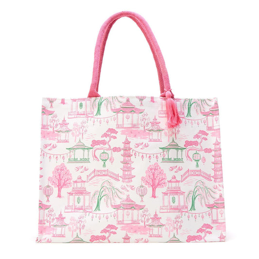 Mahjong Block Print Pattern Tote Bag with Inside Zippered Pocket - Cotton Canvas