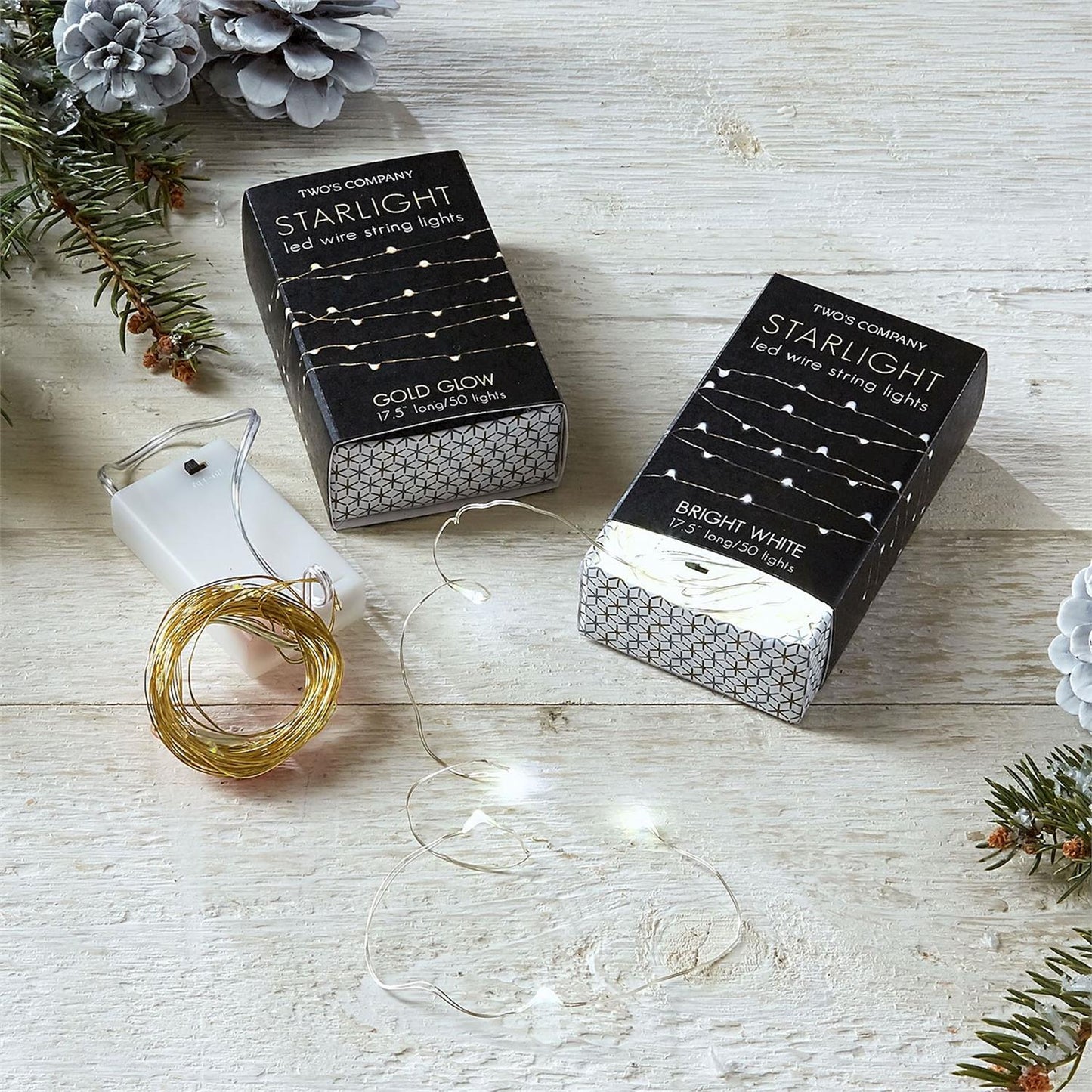 Starlight LED Wire String Lights in Gift Box Assorted 2 Colors: Silver with White Lights and Gold with Warm Lights (50 lights per string, uses 3 AA batteries not included) - Metal/Plastic