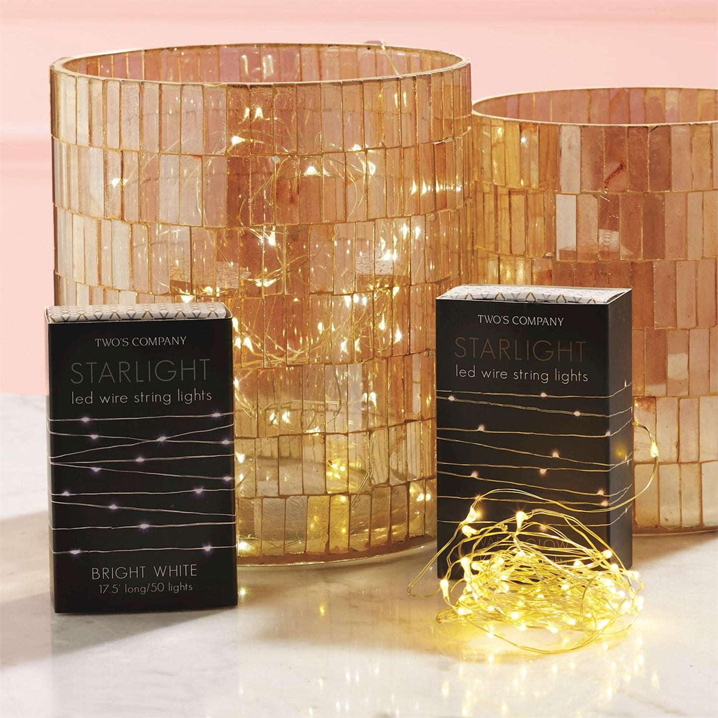 Starlight LED Wire String Lights in Gift Box Assorted 2 Colors: Silver with White Lights and Gold with Warm Lights (50 lights per string, uses 3 AA batteries not included) - Metal/Plastic