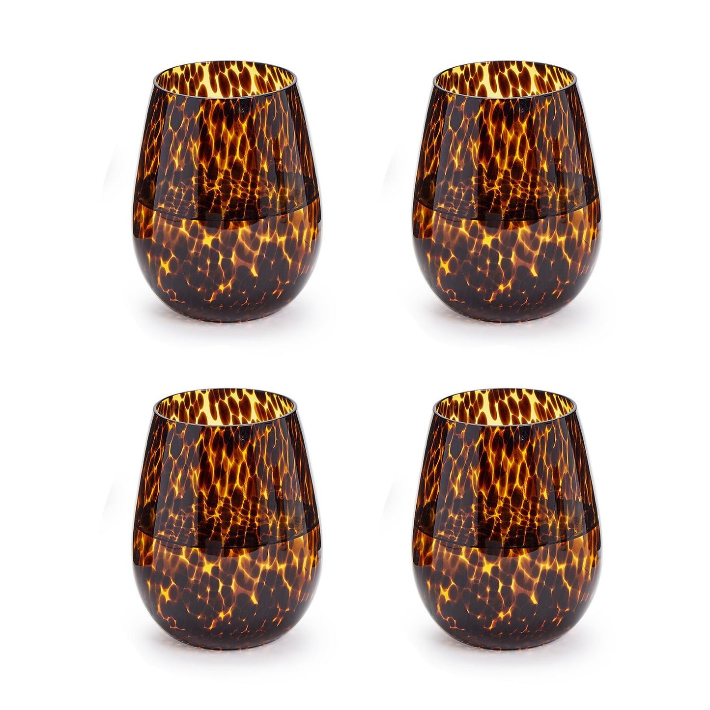 Set of 4 Tortoise Print Stemless Wine Glass (16 oz., hand wash only) - Glass