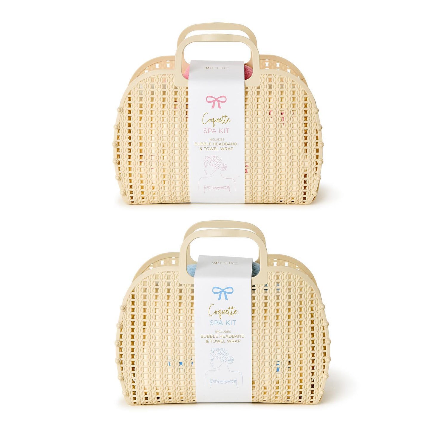 Coquette Spa Time Headband and Snap Closure Wrap Towel Set Assorted 2 Bow Print Colors: Pink and Blue- Terrycloth