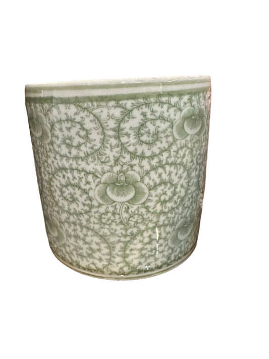 Green and White Porcelain Scrolling Peony Cachepot