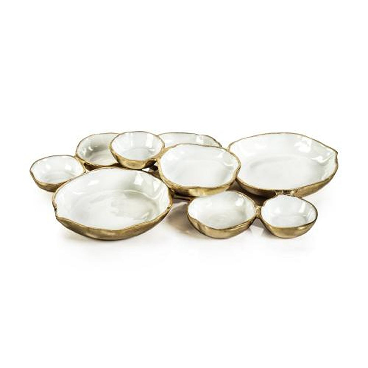 Cluster of Nine Round Serving Bowls- Gold w/ White