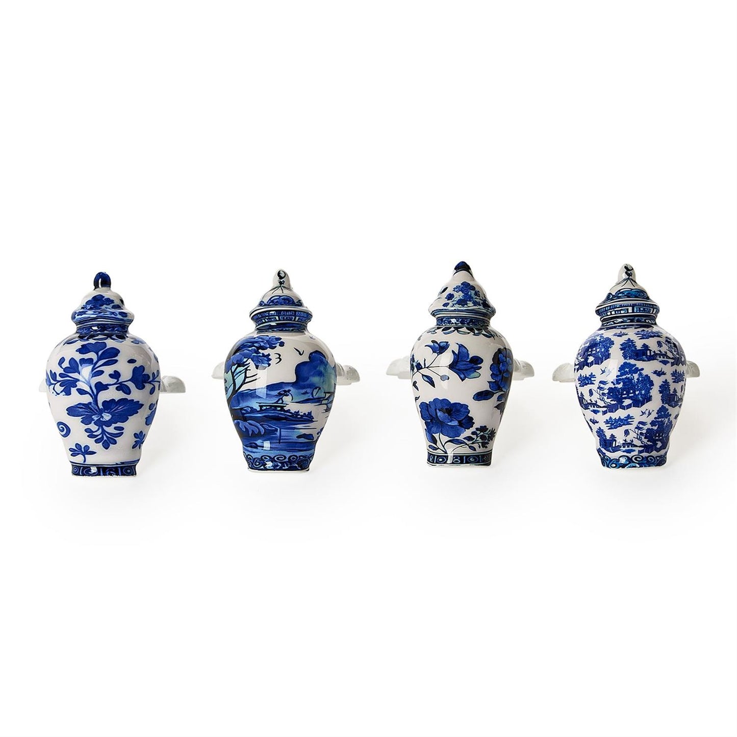 Chinoiserie Set of 4 Hand-Painted Blue and White Temple Jar Napkin Rings