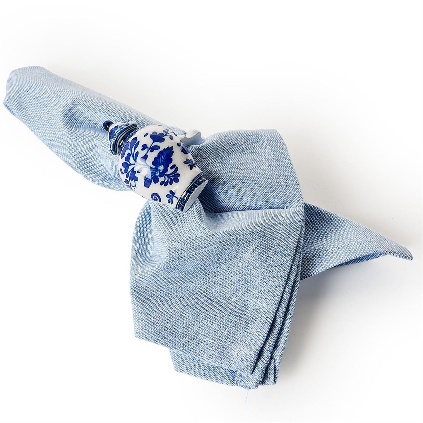 Chinoiserie Set of 4 Hand-Painted Blue and White Temple Jar Napkin Rings