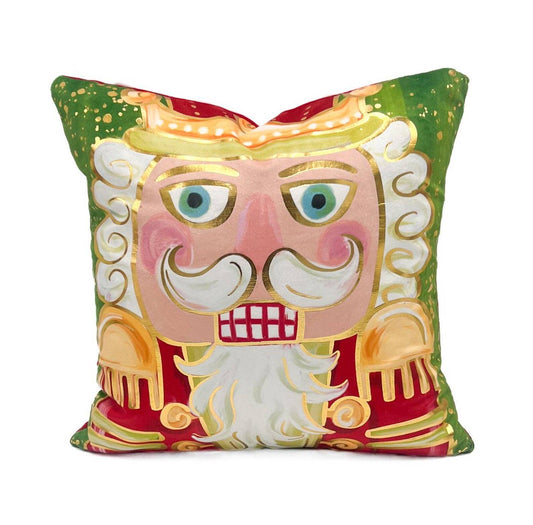 Gold Foil Mr. Nutcracker Red and Green Pillow