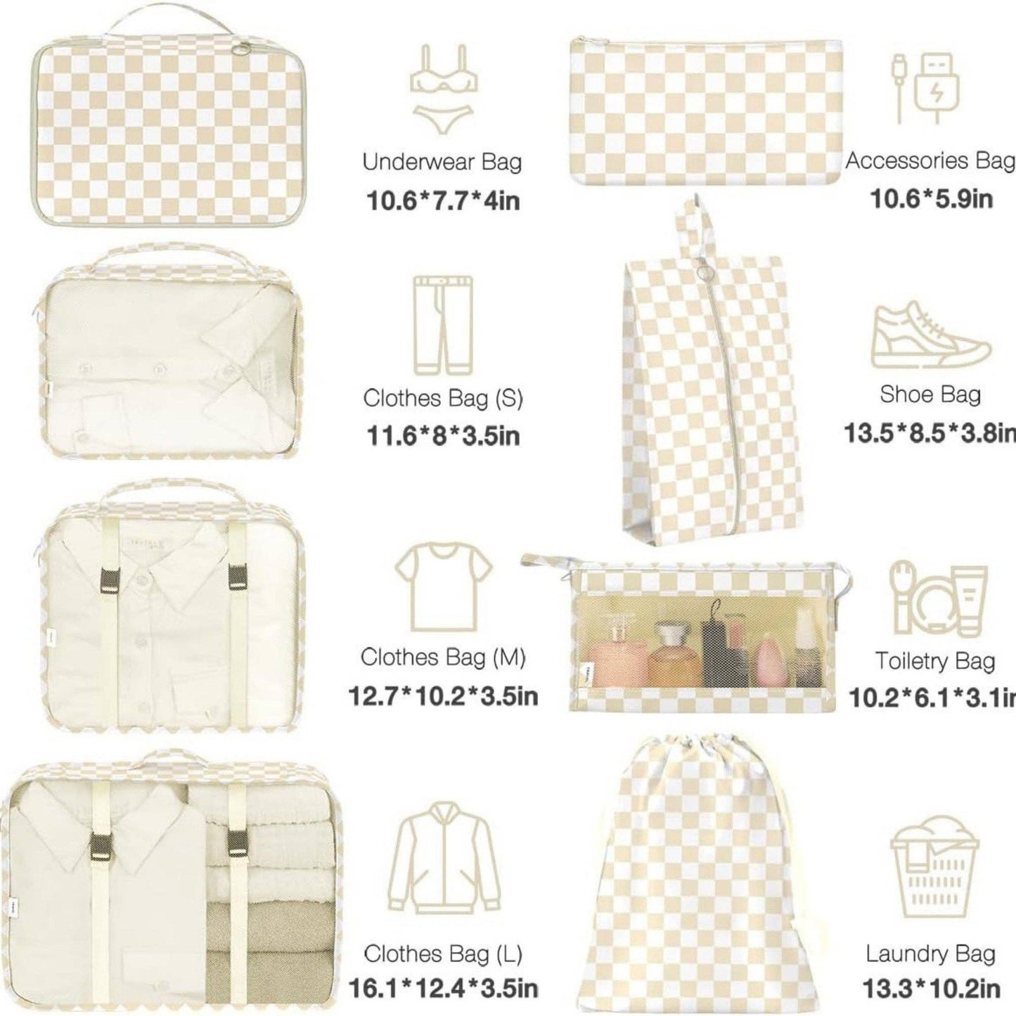 7-Piece Travel Packing Cube Set with Checkered Pattern