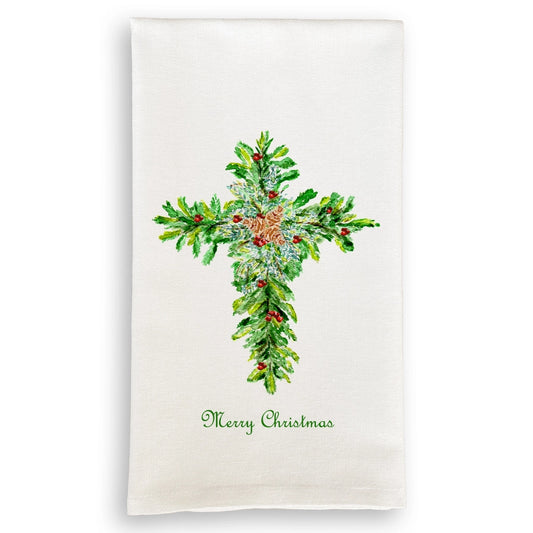 Christmas Cross with Red Berries Dish Towel