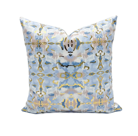 Gold Foil Light Blue Kaleidoscope Pillow