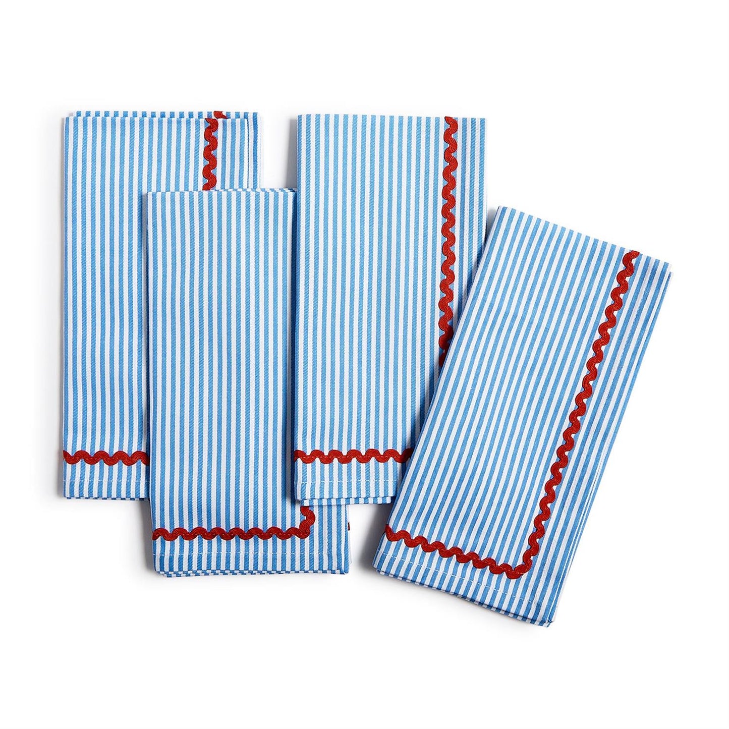 Set of 4 Blue Stripe w/Red Ric Rac Trim Cloth Dinner Napkins - Cotton