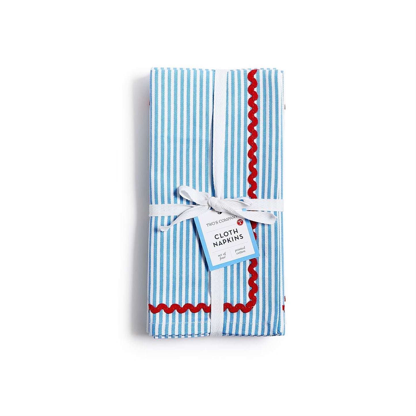 Set of 4 Blue Stripe w/Red Ric Rac Trim Cloth Dinner Napkins - Cotton