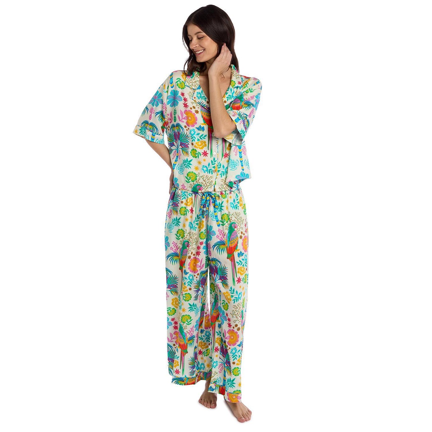 Babouchka Blanc Short Sleeve Button Front Top and Wide Leg Pant Loungewear Set Size Small/Medium with Wild Paris Prints - Viscose