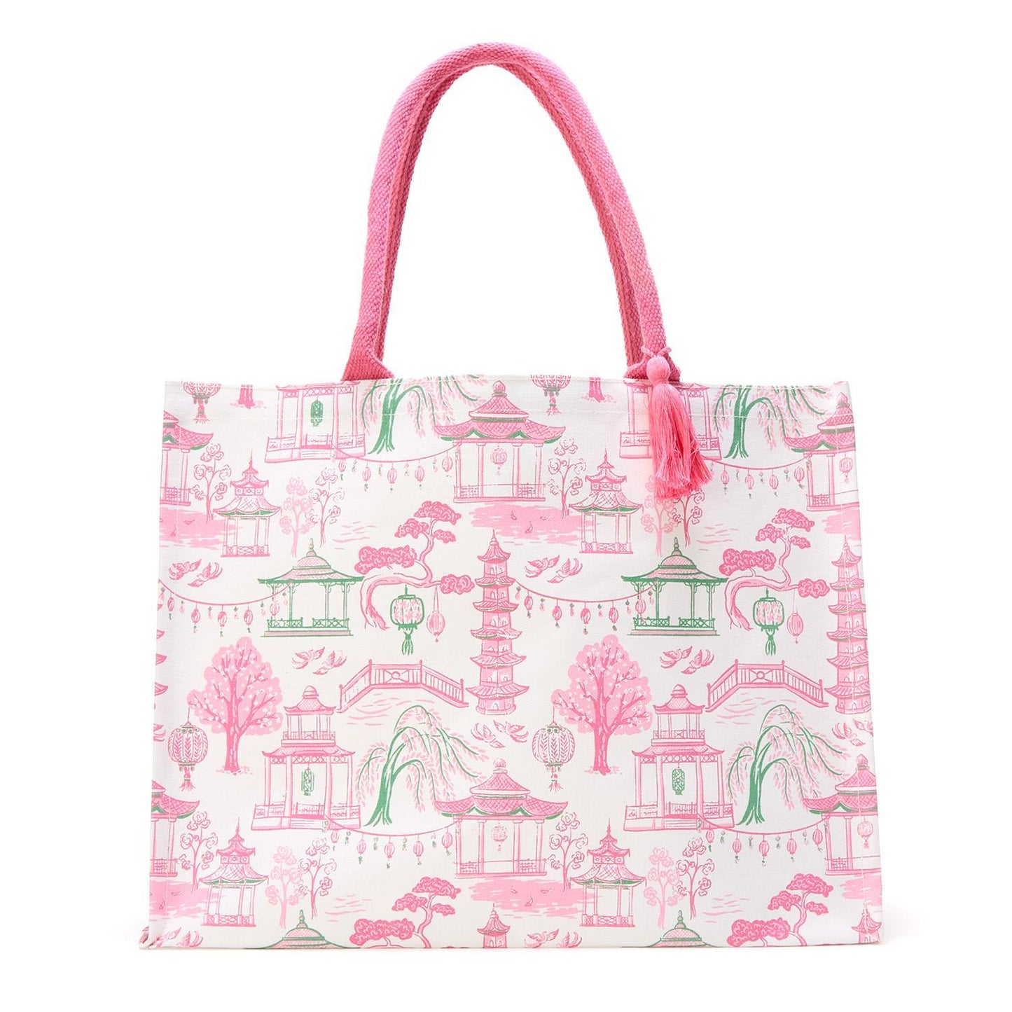 Mahjong Block Print Pattern Tote Bag with Inside Zippered Pocket - Cotton Canvas