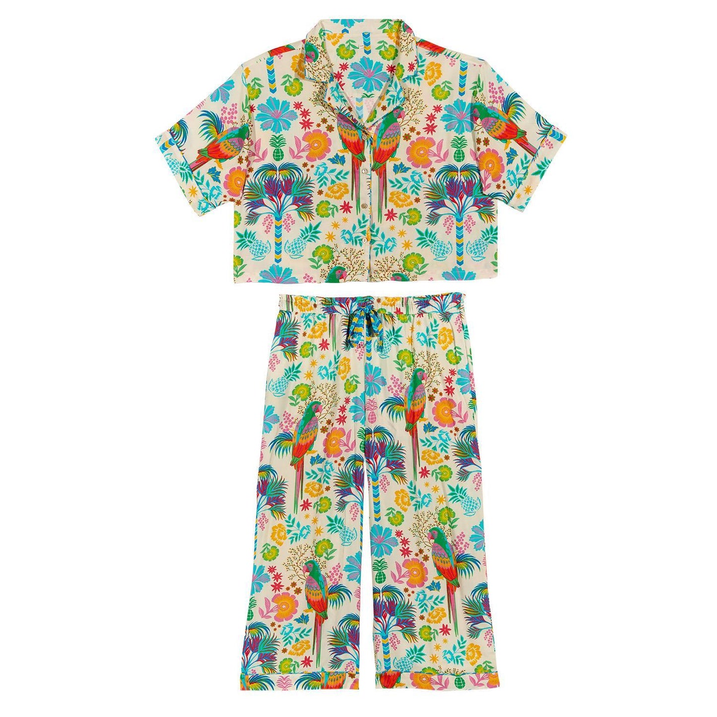 Babouchka Blanc Short Sleeve Button Front Top and Wide Leg Pant Loungewear Set Size Small/Medium with Wild Paris Prints - Viscose