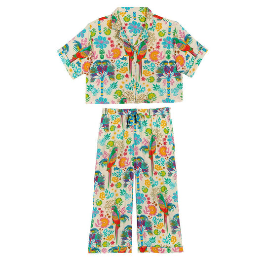 Babouchka Blanc Short Sleeve Button Front Top and Wide Leg Pant Loungewear Set Size Large/X Large with Wild Paris Prints - Viscose (Copy)