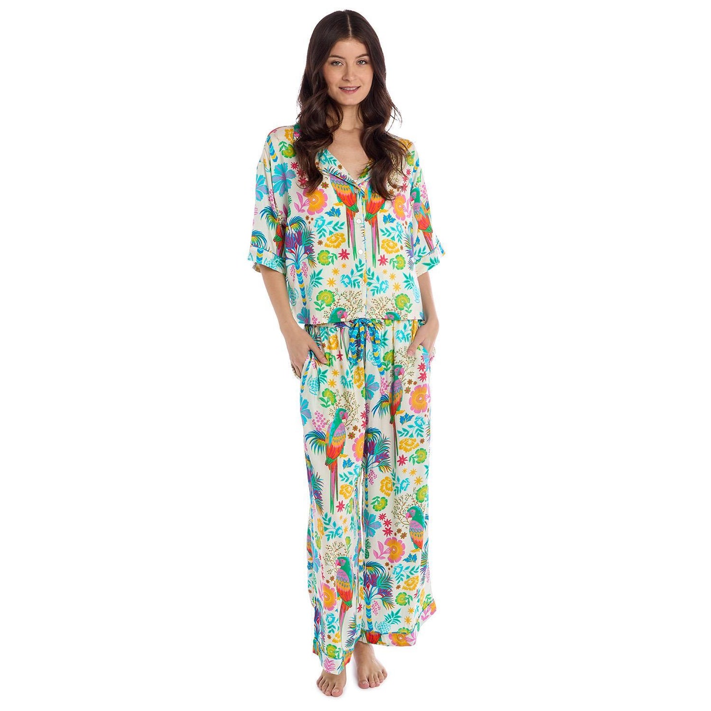 Babouchka Blanc Short Sleeve Button Front Top and Wide Leg Pant Loungewear Set Size Small/Medium with Wild Paris Prints - Viscose