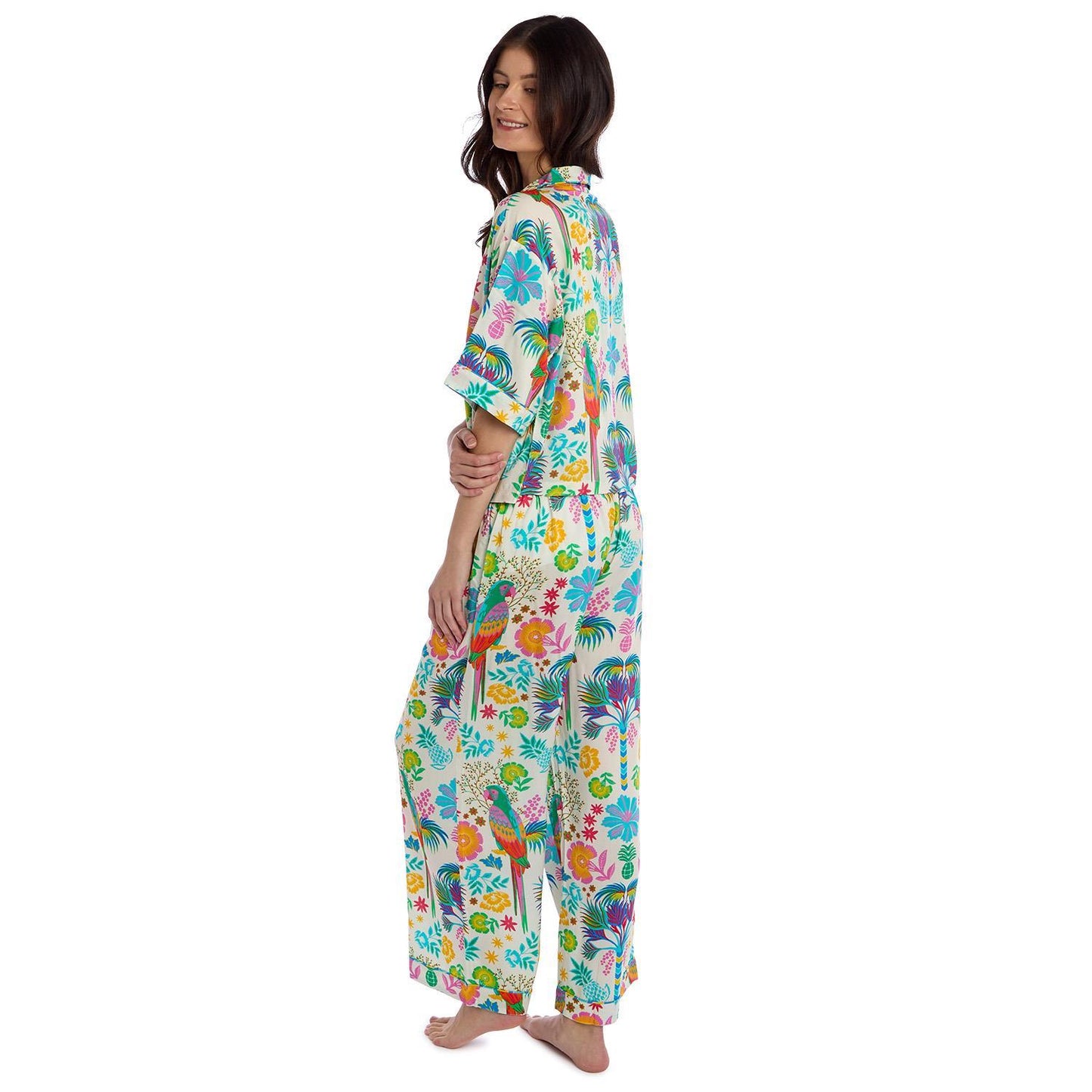 Babouchka Blanc Short Sleeve Button Front Top and Wide Leg Pant Loungewear Set Size Small/Medium with Wild Paris Prints - Viscose