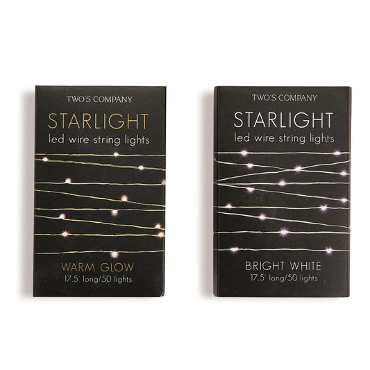 Starlight LED Wire String Lights in Gift Box Assorted 2 Colors: Silver with White Lights and Gold with Warm Lights (50 lights per string, uses 3 AA batteries not included) - Metal/Plastic